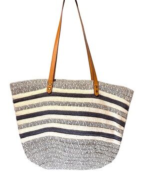 Sonoma Navy and Cream Striped Woven Tote with Tan Handles